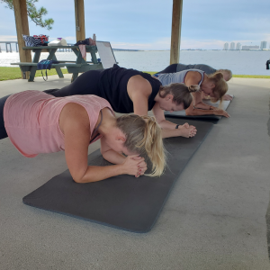 A photo of clients planking as a group. They plank for time once a month to see how they improve.